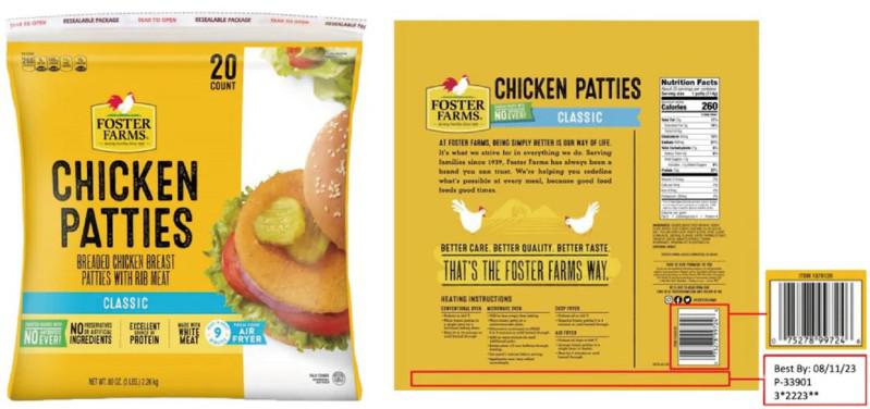 Foster Farms在8月11日所生产的14.8万磅冷冻熟食—鸡胸肉饼,因消...