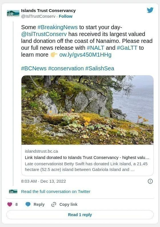 太慷慨!BC省这老太太捐了个价值300多万的岛 太慷慨!BC省这老太太捐了个价值300多万的岛