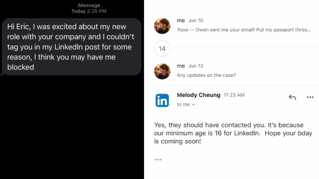 埃里克(Eric Zhu)因为未满15岁而被停用领英帐号。 Twitter@EricZhu105