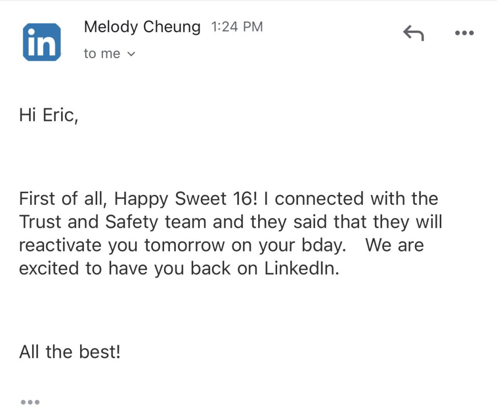 领英人员等埃里克(Eric Zhu)一满16岁就给他重启帐号。 Twitter@EricZhu105