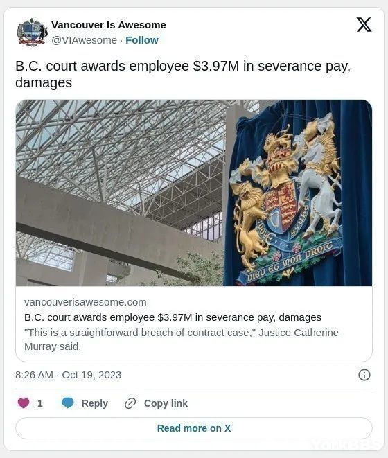 温哥华公司炒人赔惨了 为啥要赔偿约400万? 温哥华公司炒人赔惨了 为啥要赔偿约400万?