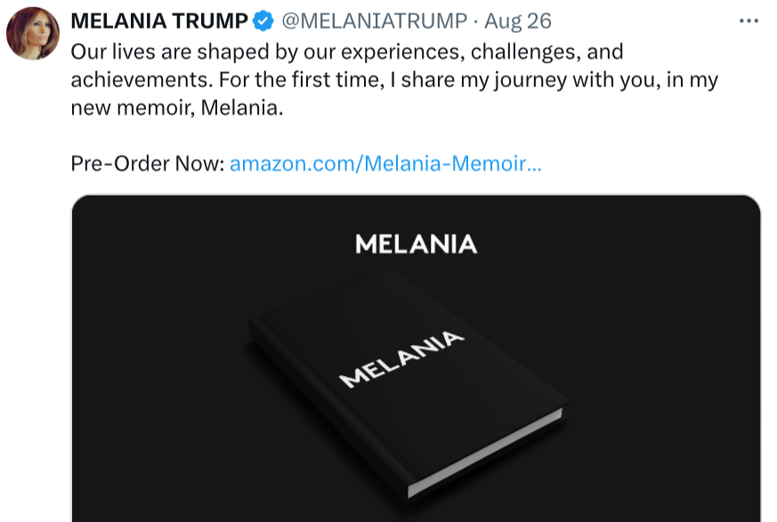 一向低调的梅拉尼娅近日频频发帖宣传自己新出版的自传。 X 一向低调的梅拉尼娅近日频频发帖宣传自己新出版的自传。 X