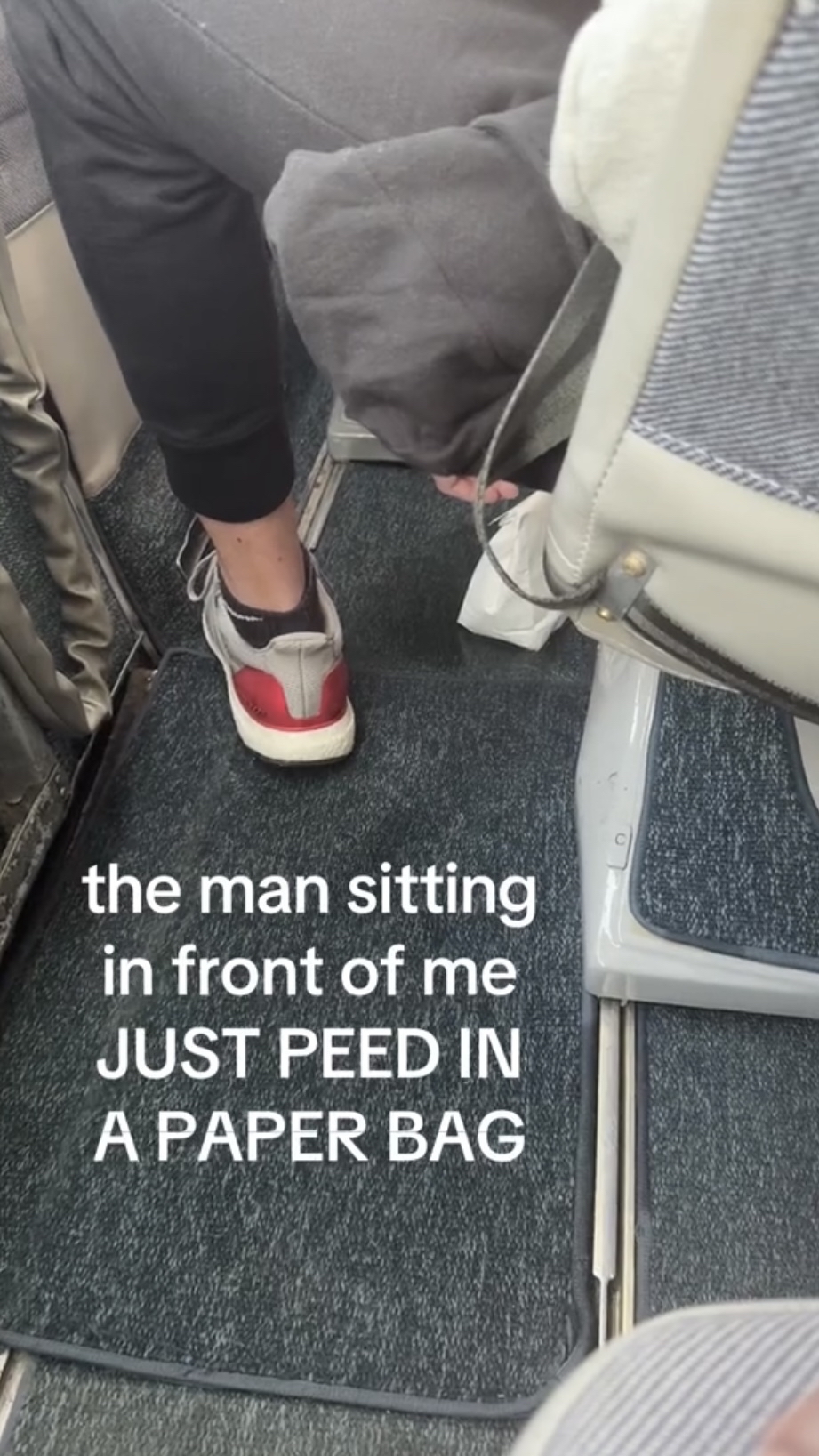 前座乘客竟在呕吐袋小便。 影片截图 前座乘客竟在呕吐袋小便。 影片截图