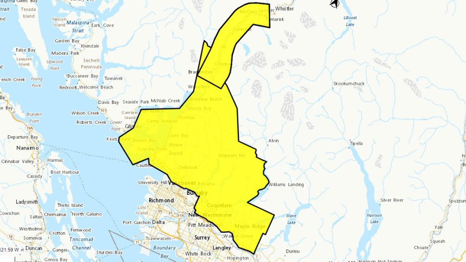 环境加拿大发布了降雨警告,警告范围涵盖了大部分低陆平原地区,包括西温哥华、北温哥华、梅普尔里奇、皮特梅多斯及高贵林。 (环境加拿大图片)